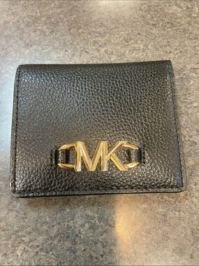 Michael Kors Black Pebbled Leather Wallet with Gold MK Accent